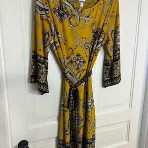 Dressbarn Mustard Paisley Long Sleeve Dress